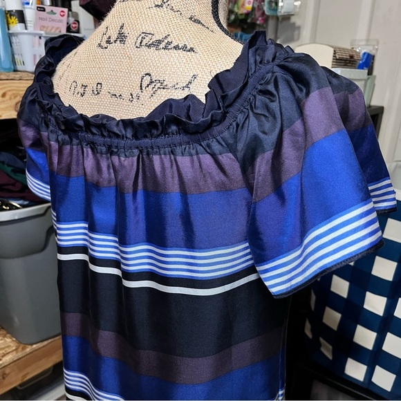 Banana Republic Silk Striped Off Shoulder A Line Dress Midi Knee Length Casual - Picture 6 of 11